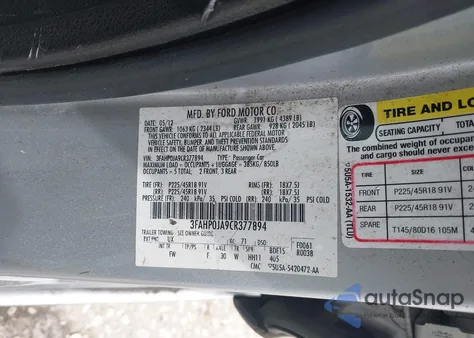 2012 Ford Fusion Sel z USA, uszkodzony, nr VIN 3FAHP0JA9CR377894